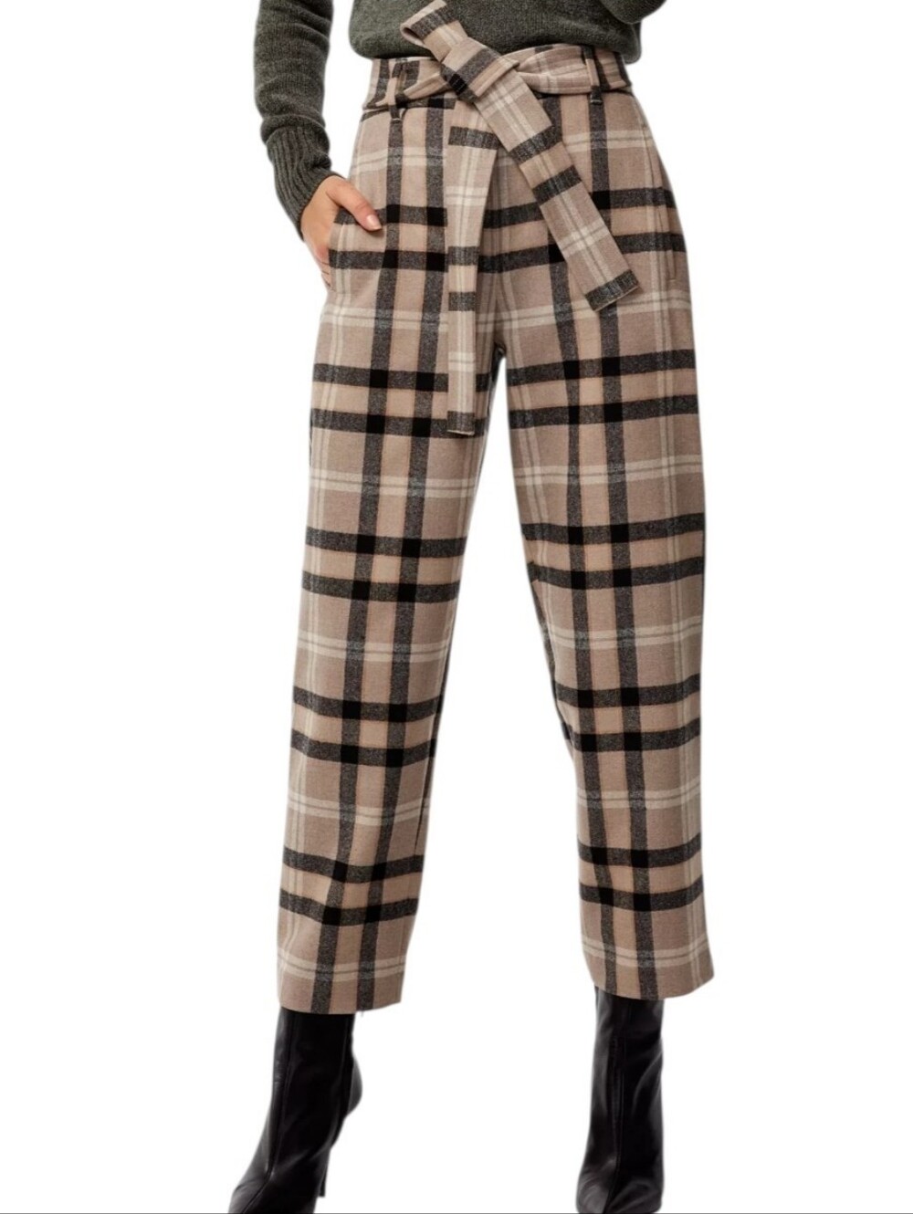 Aritzia Wilfred Tie-Front Plaid Wool Pants Trousers - Beige / Black